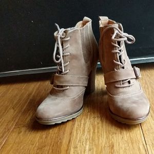 Sofft booties with a 4" stacked wooden heel